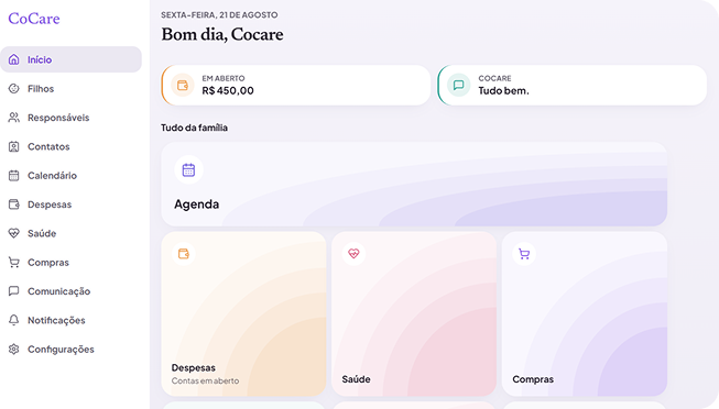Tela inicial do CoCare: o que está em aberto hoje e os atalhos para agenda, despesas, saúde e compras.